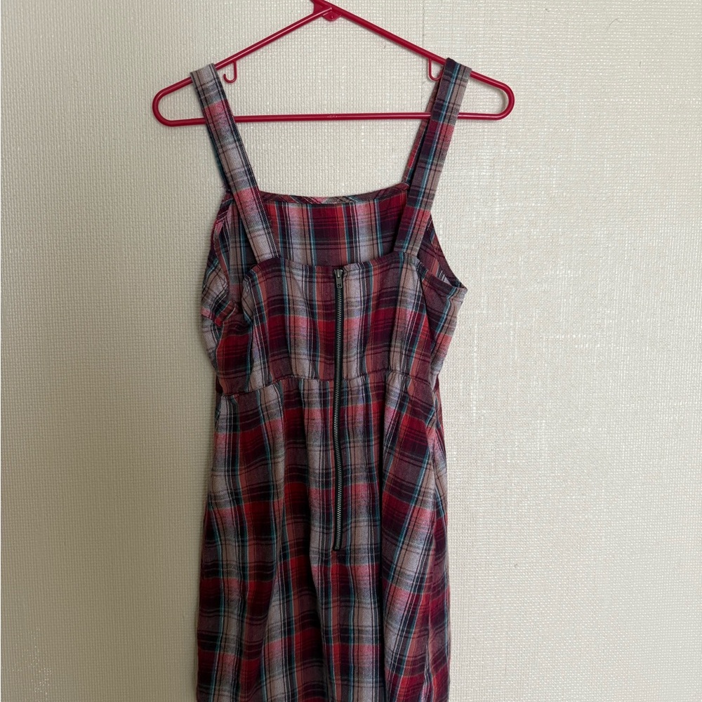 Plaid Grunge Pinafore Mini Dress — Red Check, Button Details + Zipper - Picture 2 of 2